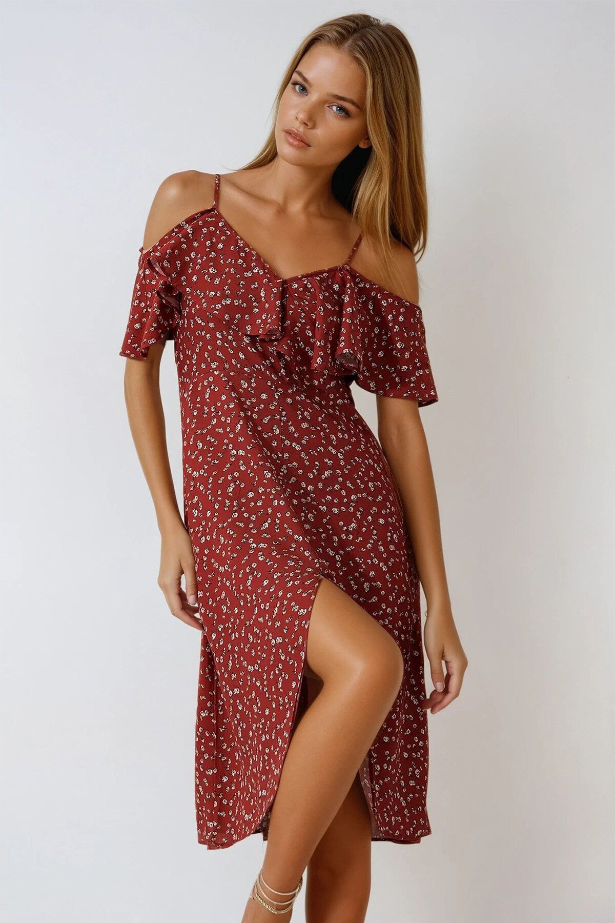 Kiremit İp Askılı Önü Fırfırlı Çiçek Desenli Dokuma Elbise