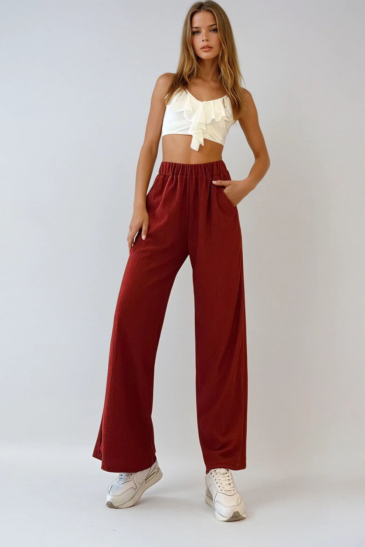 Kiremit Yüksek Bel Çift Cepli Bürümcük Pantolon