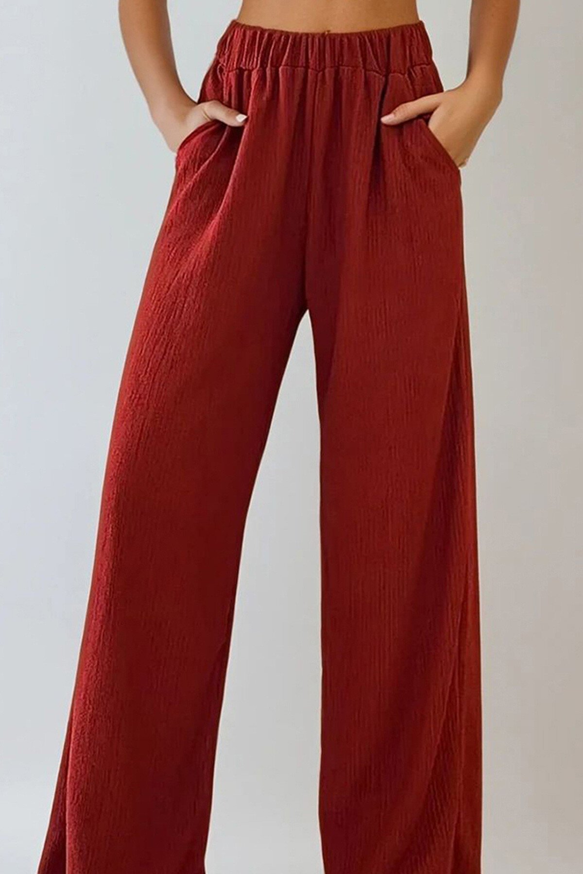 Kiremit Yüksek Bel Çift Cepli Bürümcük Pantolon