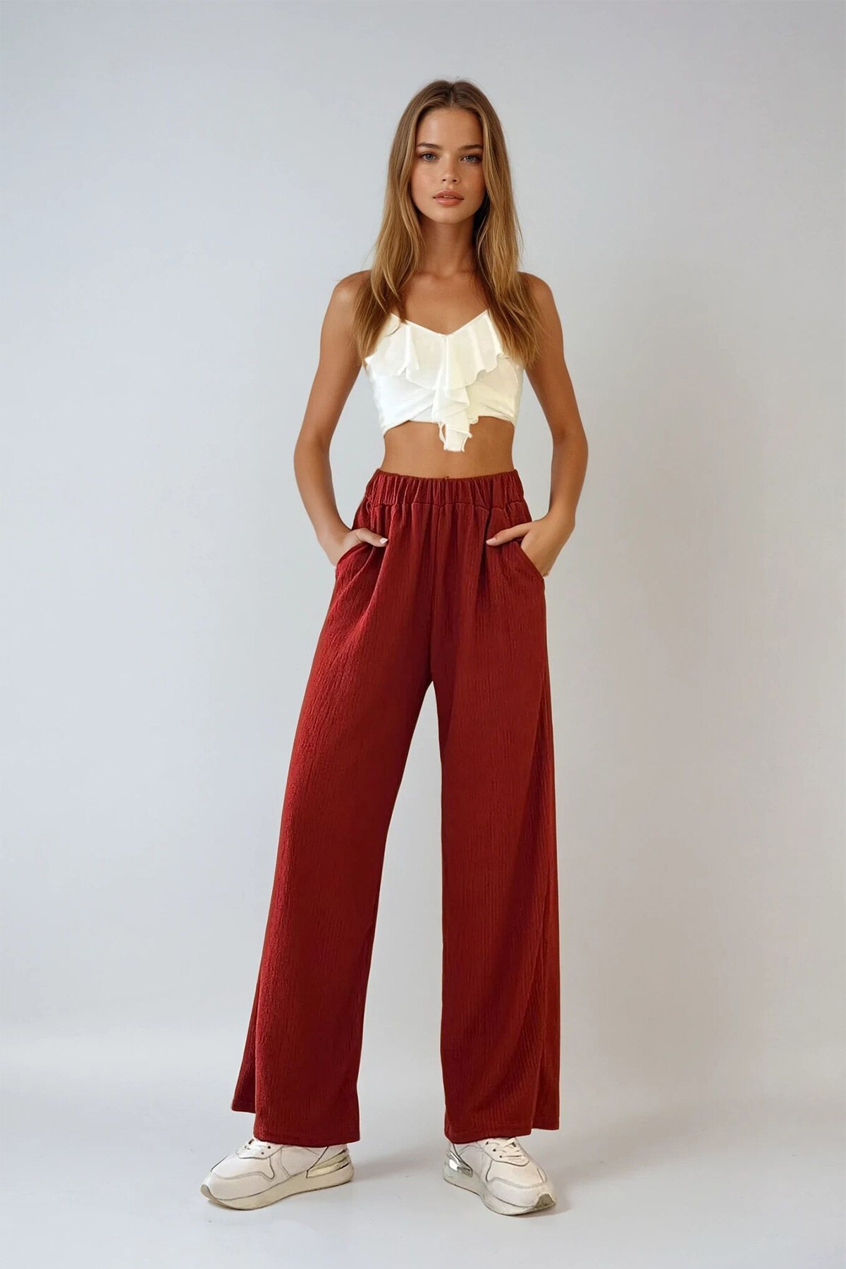 Kiremit Yüksek Bel Çift Cepli Bürümcük Pantolon