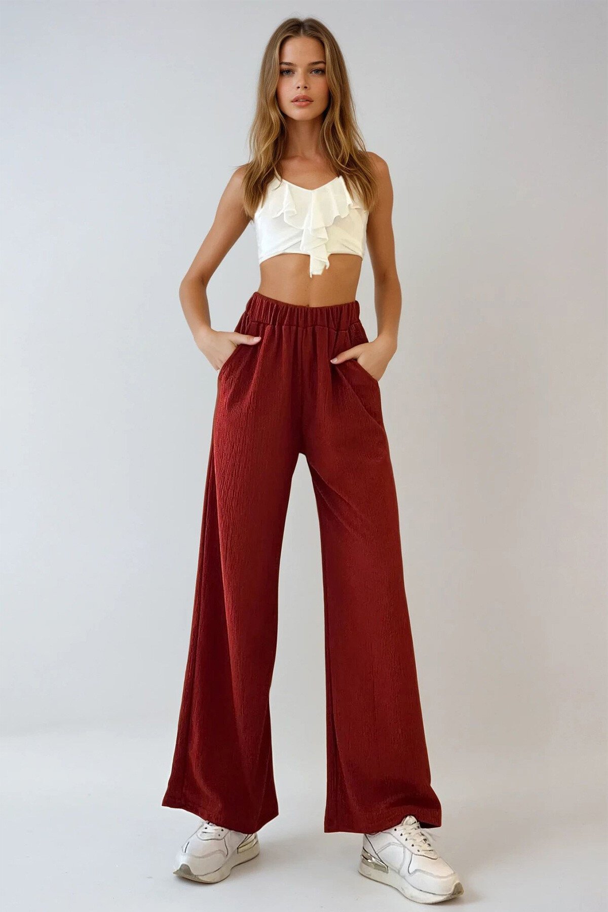 Kiremit Yüksek Bel Çift Cepli Bürümcük Pantolon