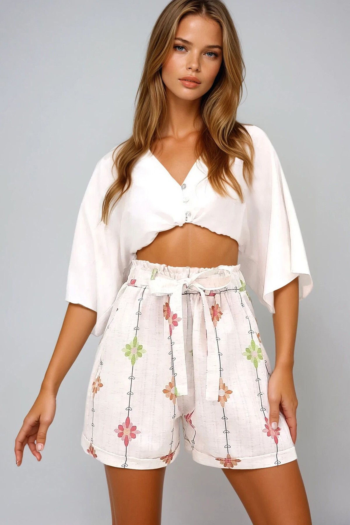 Kiremit Yüksek Bel Çift Cepli Çiçek Desenli Duble Paça Keten Şort