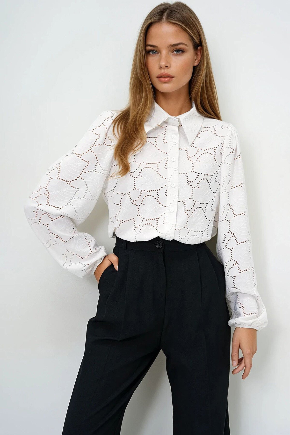 Kırık Beyaz Güpür Dokuma Premıum Gömlek