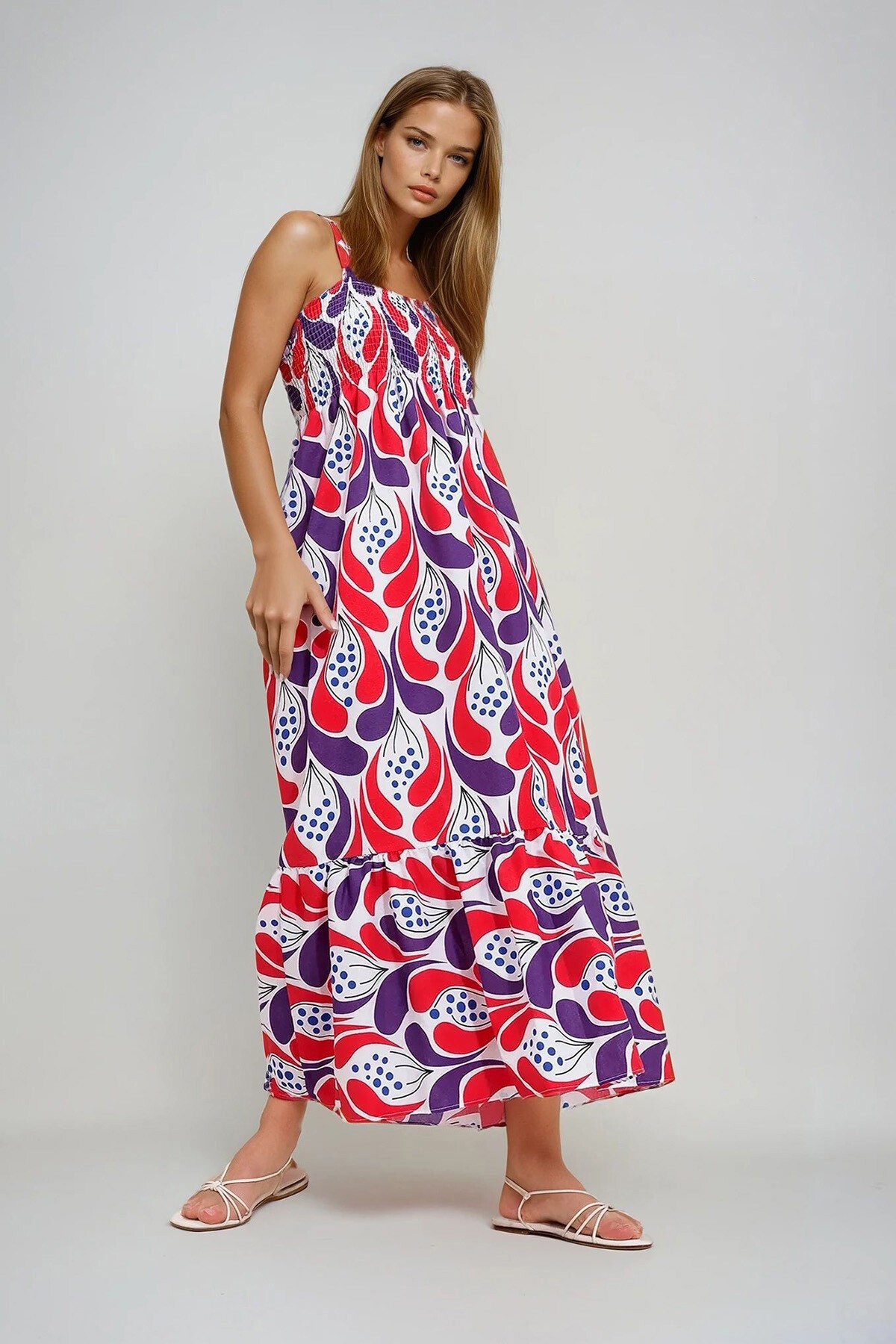 Kırmızı Askılı Eteği Volanlı Çiçek Desenli Gipeli Dokuma Elbise