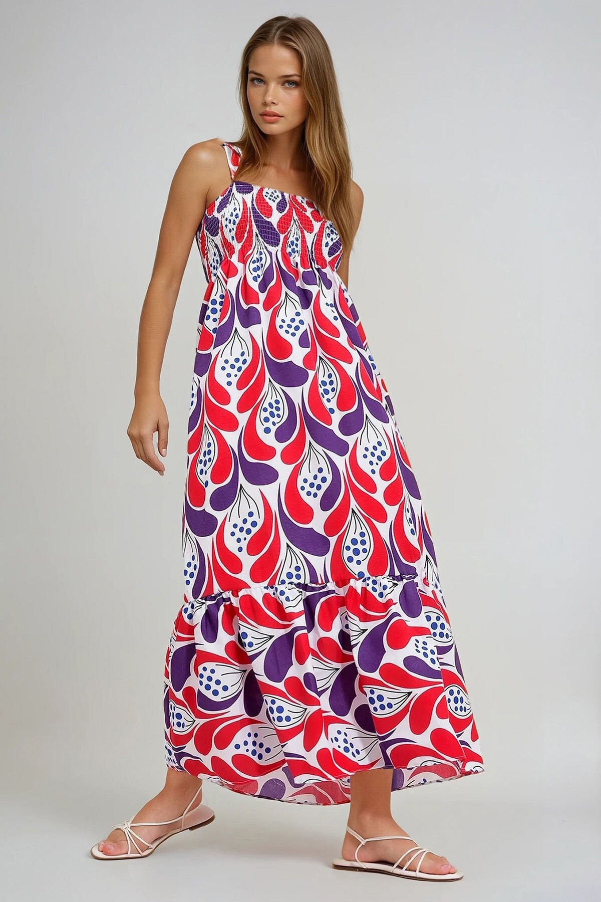 Kırmızı Askılı Eteği Volanlı Çiçek Desenli Gipeli Dokuma Elbise