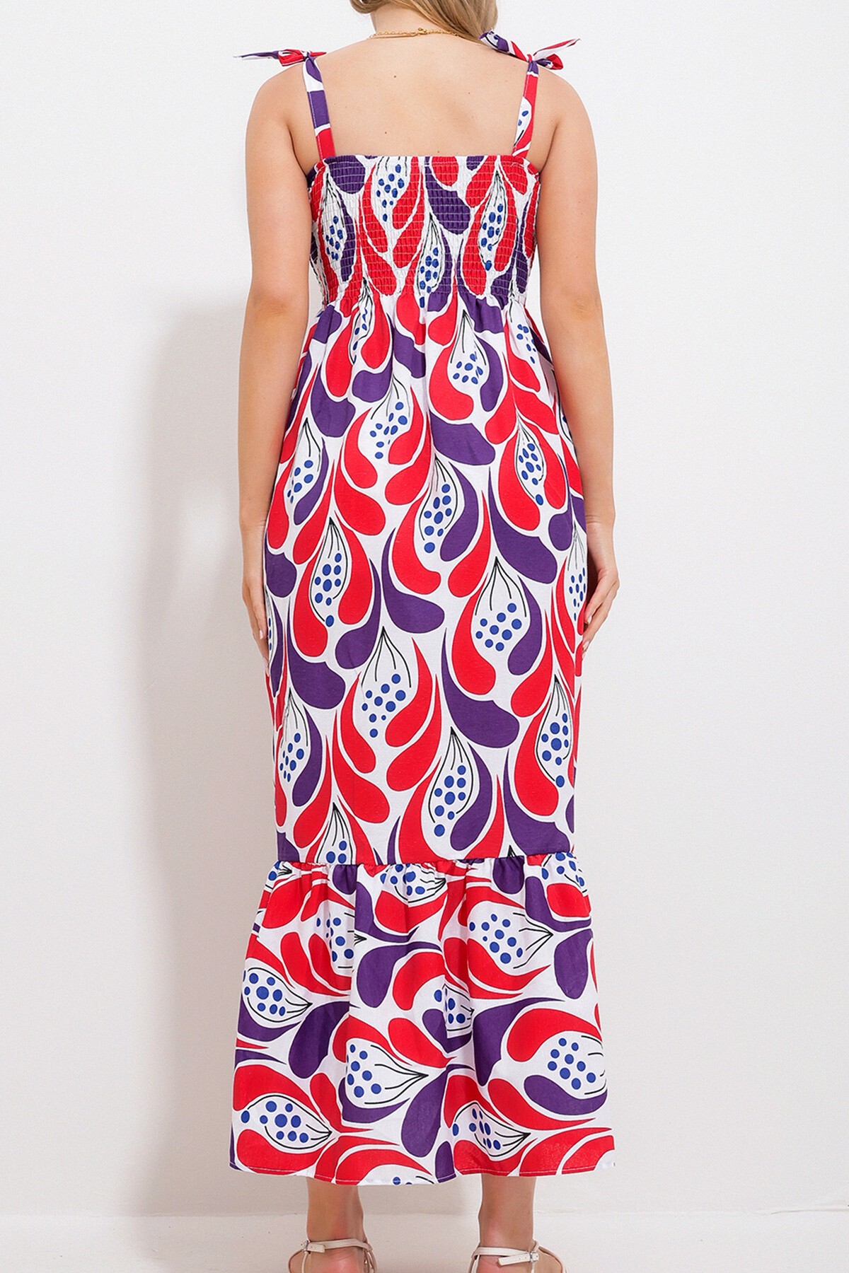 Kırmızı Askılı Eteği Volanlı Çiçek Desenli Gipeli Dokuma Elbise