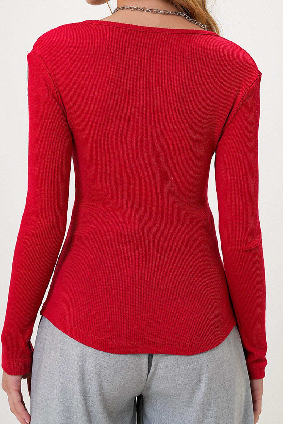 Kırmızı Çıtçıtlı Zımparalı Kaşkorse Bluz