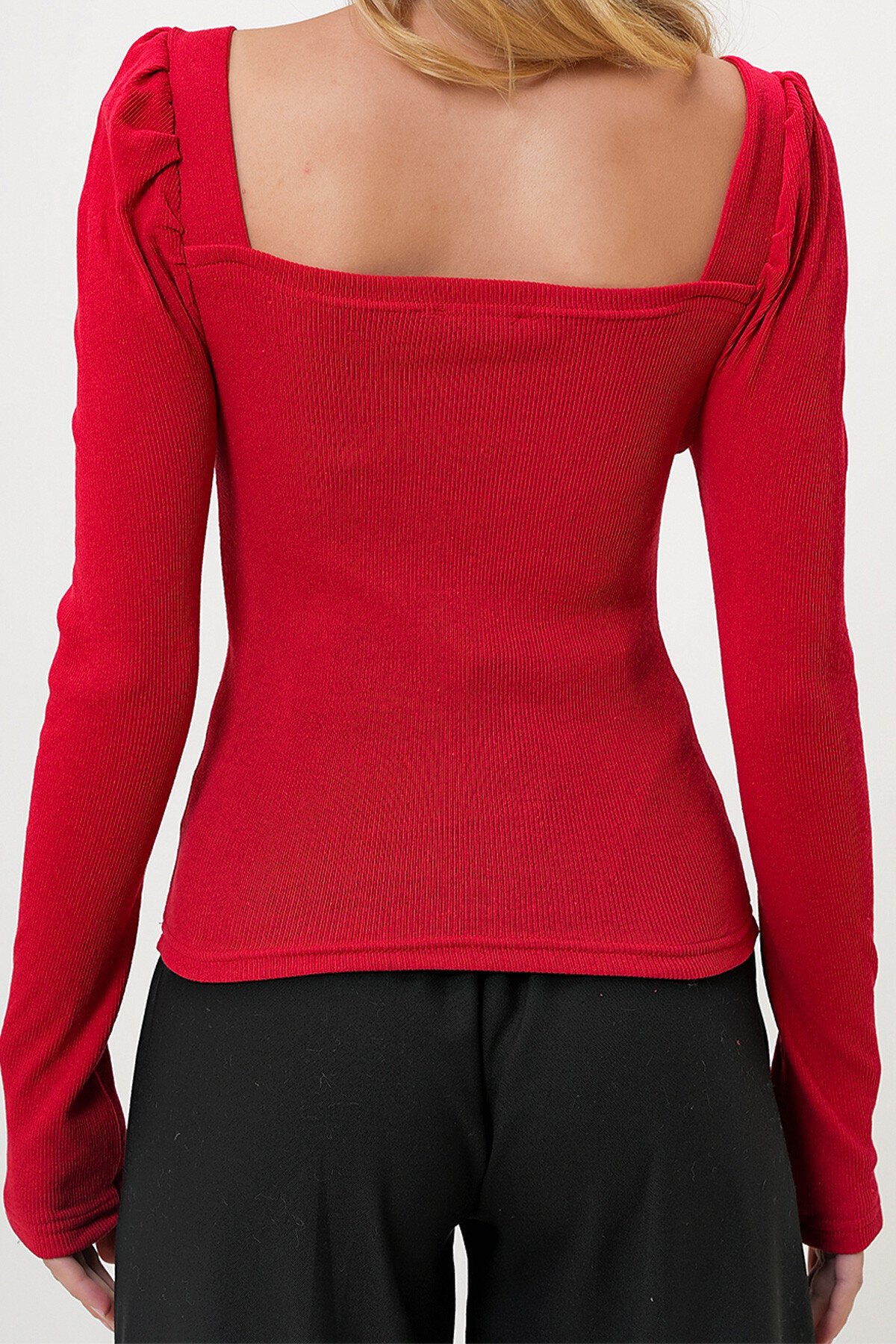 Kırmızı Kare Yaka Prenses Kol Kaşkorse Bluz