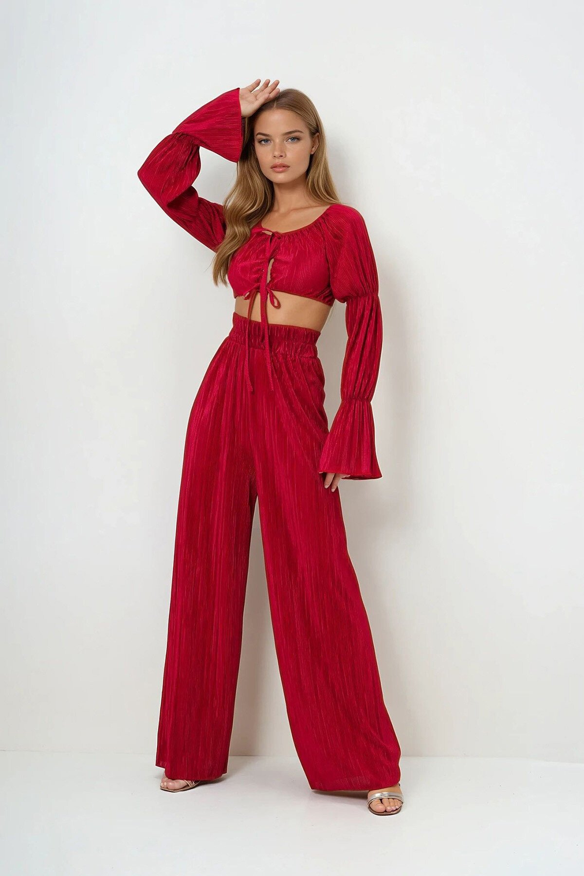 Kırmızı Kırinkıl Büstiyer Ve Pantolon Takım