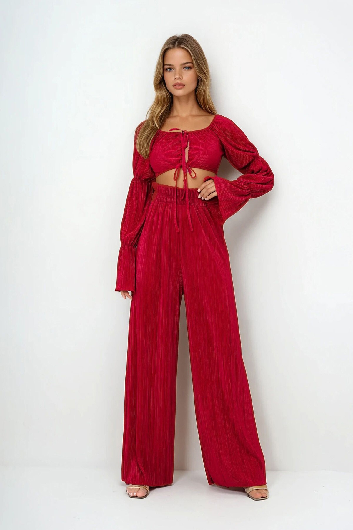 Kırmızı Kırinkıl Büstiyer Ve Pantolon Takım