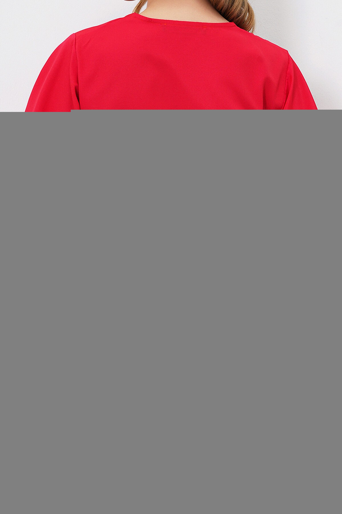 Kırmızı Kolları Fırfırlı Poplin  Crop Dokuma Bluz