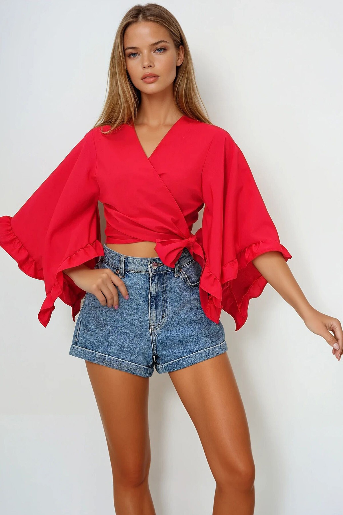 Kırmızı Kolları Fırfırlı Poplin  Crop Dokuma Bluz