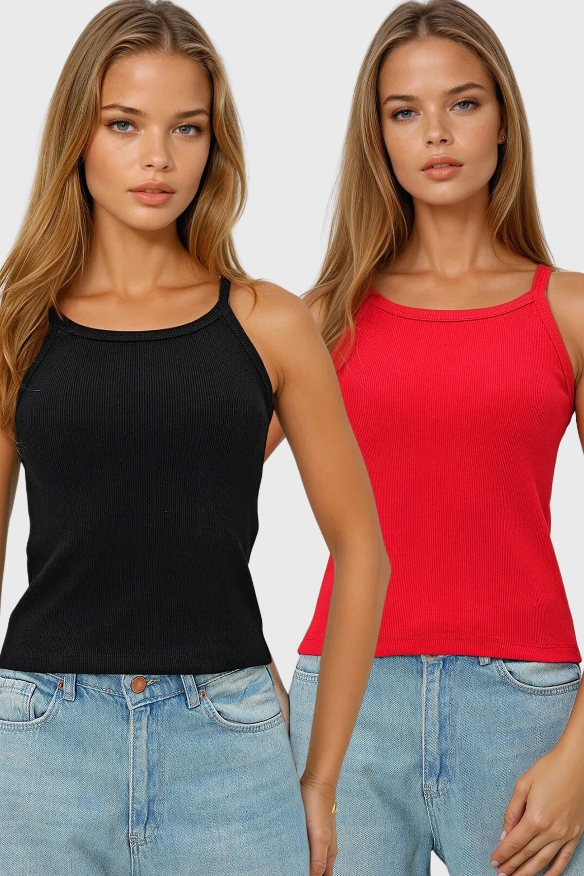 Kırmızı Siyah 2Li Paket  İp Askılı Halter Yaka Kaşkorse Atlet