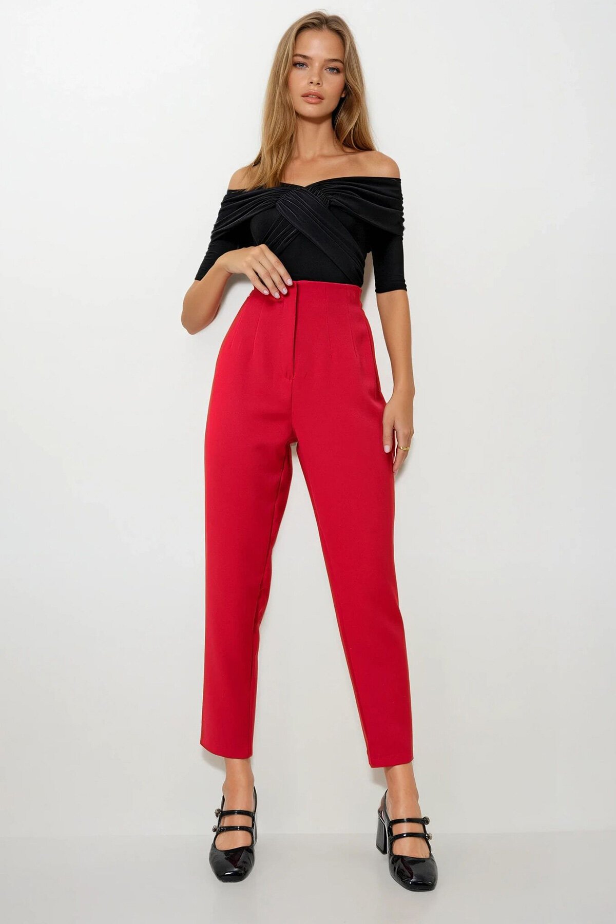 Kırmızı Yüksek Bel Havuç Pantolon