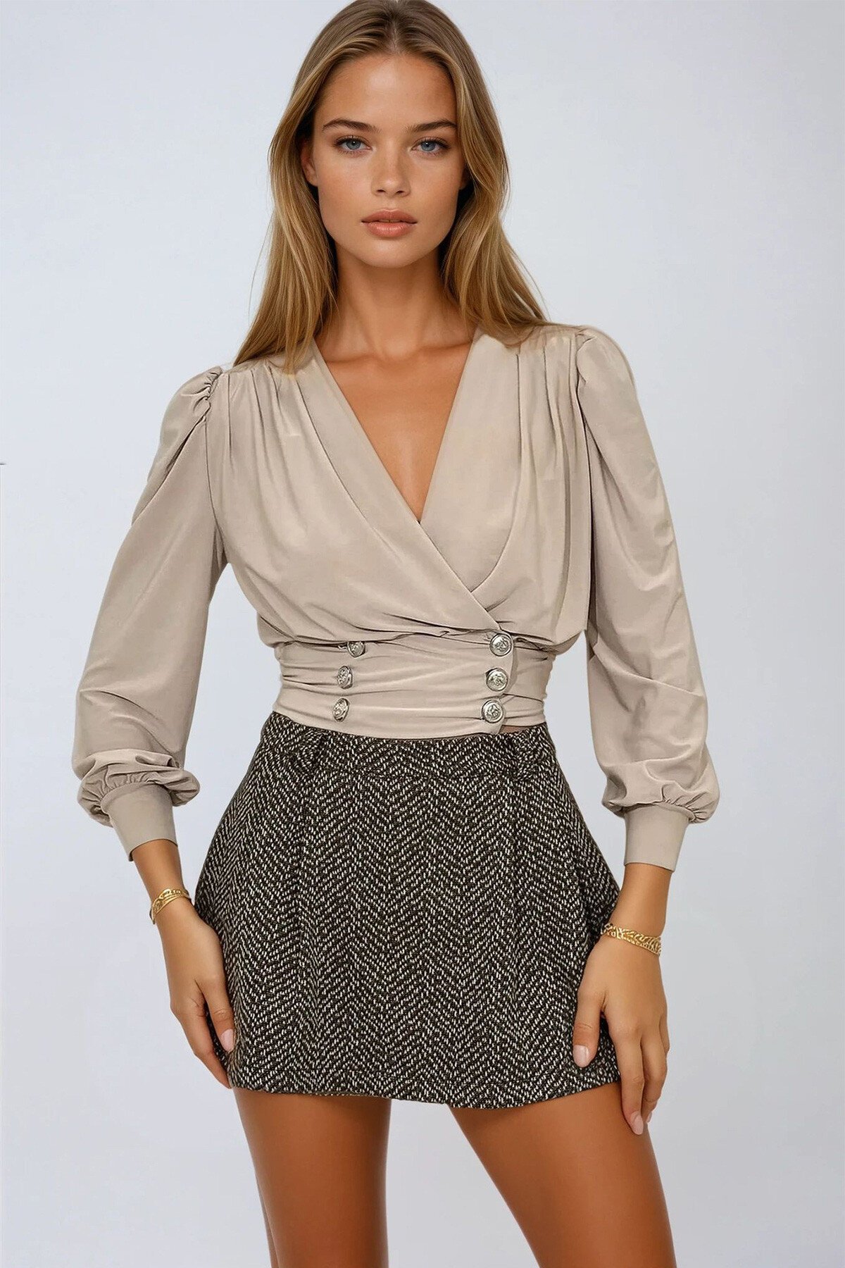 Koyu Bej Kruvaze Yaka Prenses Kol Gold Düğme Detaylı Crop Bluz