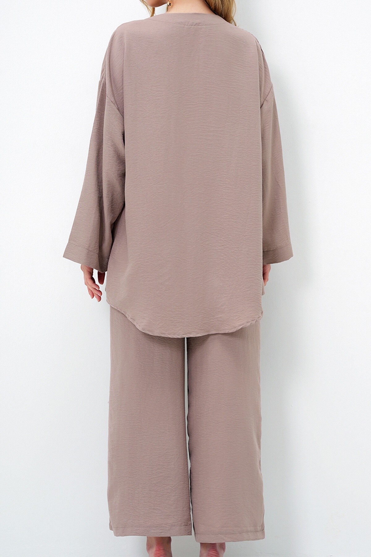 Koyu Bej Önü Bağcıklı Kimono Ceket Ve Palazzo Pantolon Takım
