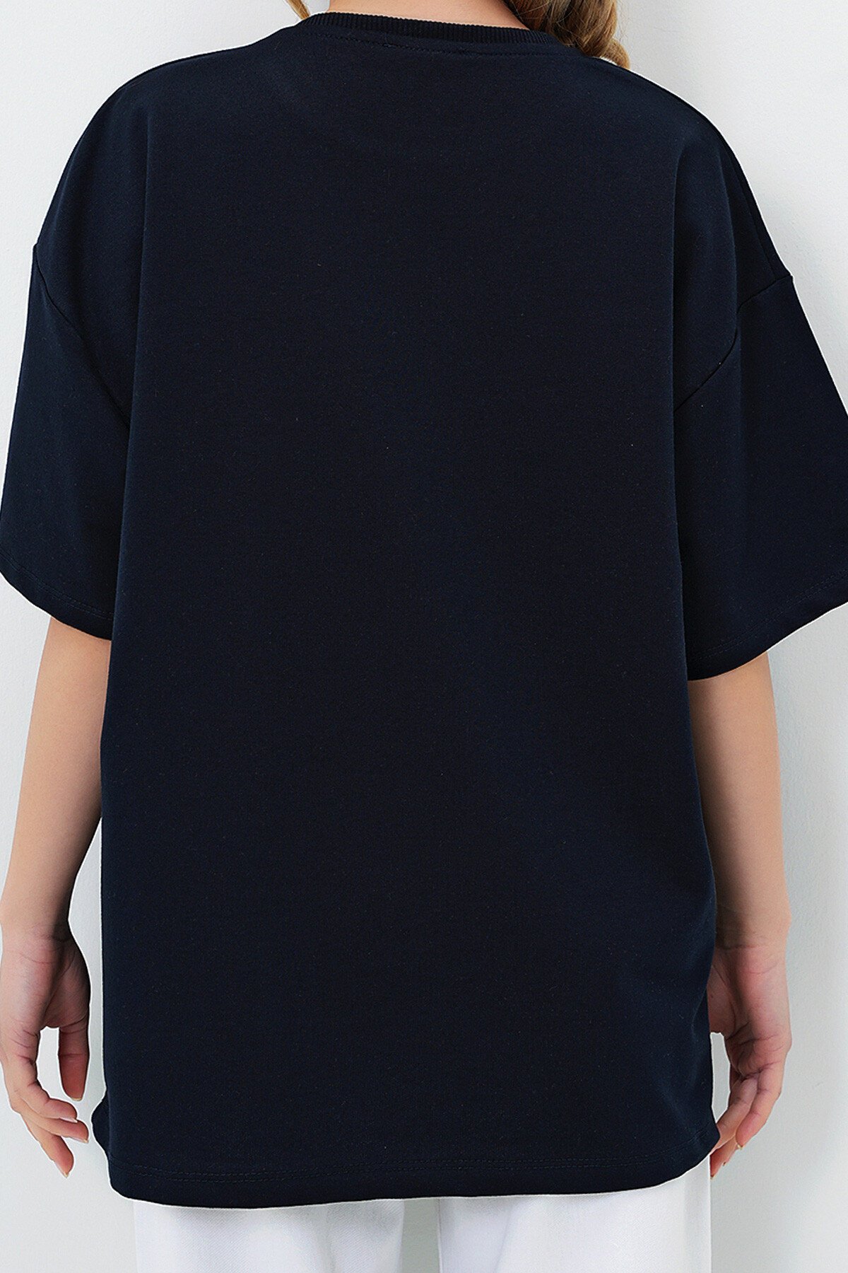 Koyu Lacivert Bisiklet Yaka 1997 Baskılı Oversize T Shırt