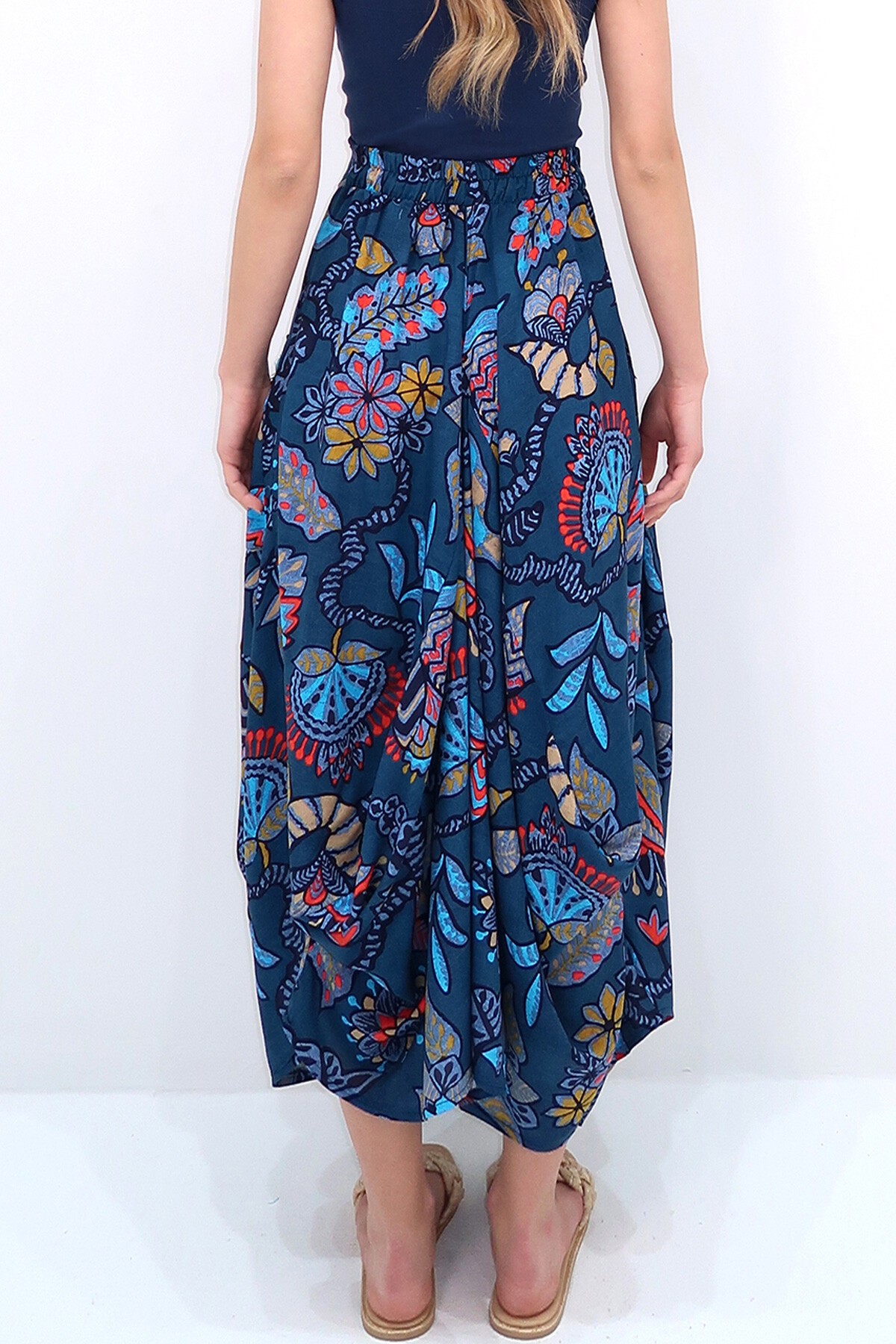 Koyu Mavi Etnik Desenli Çift Cepli Püskül Detaylı Şalvar Kesim Etek