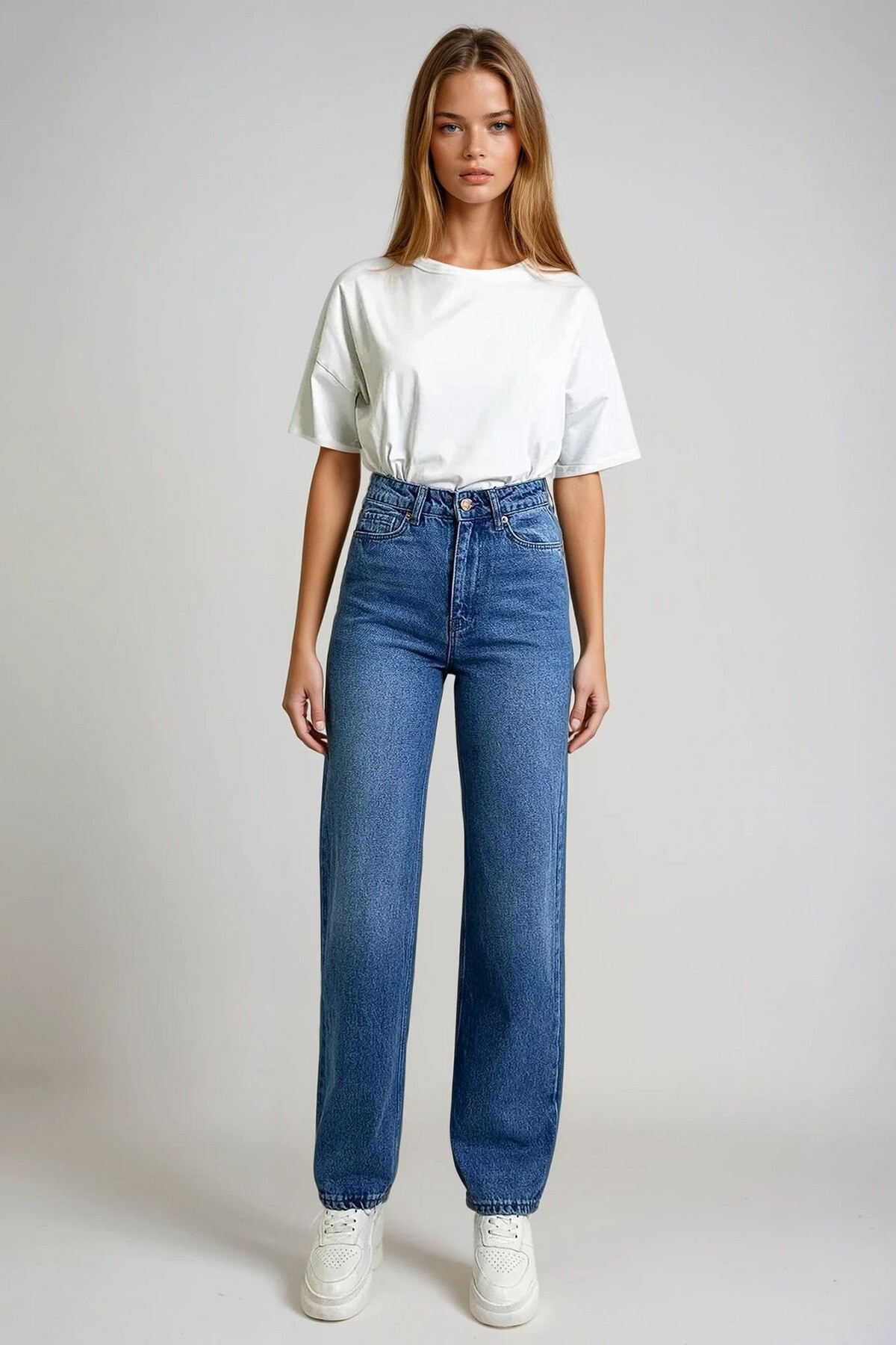 Koyu Mavi Yüksek Bel Palazzo Jean Pantolon