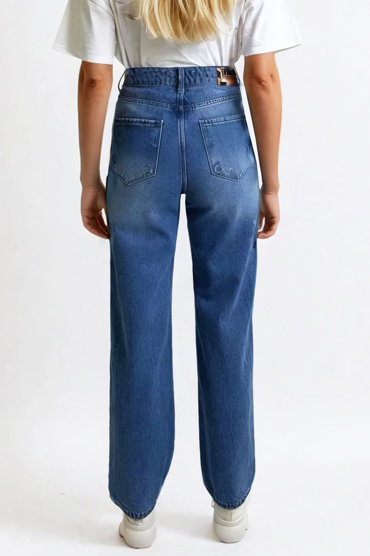 Koyu Mavi Yüksek Bel Palazzo Jean Pantolon