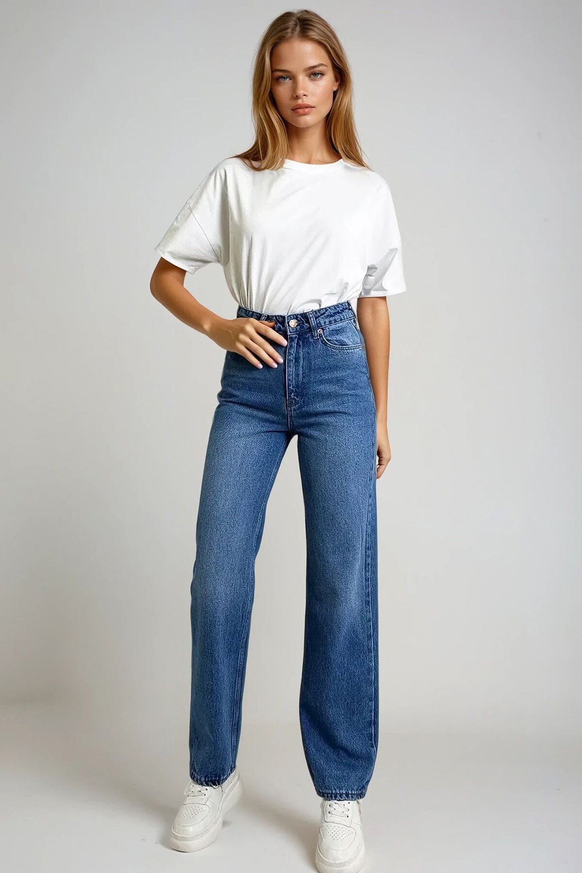 Koyu Mavi Yüksek Bel Palazzo Jean Pantolon