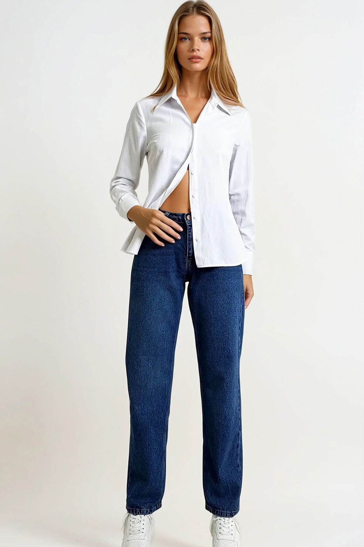 Koyu Mavi Yüksek Bel Yıkamalı Palazzo Jean Pantolon