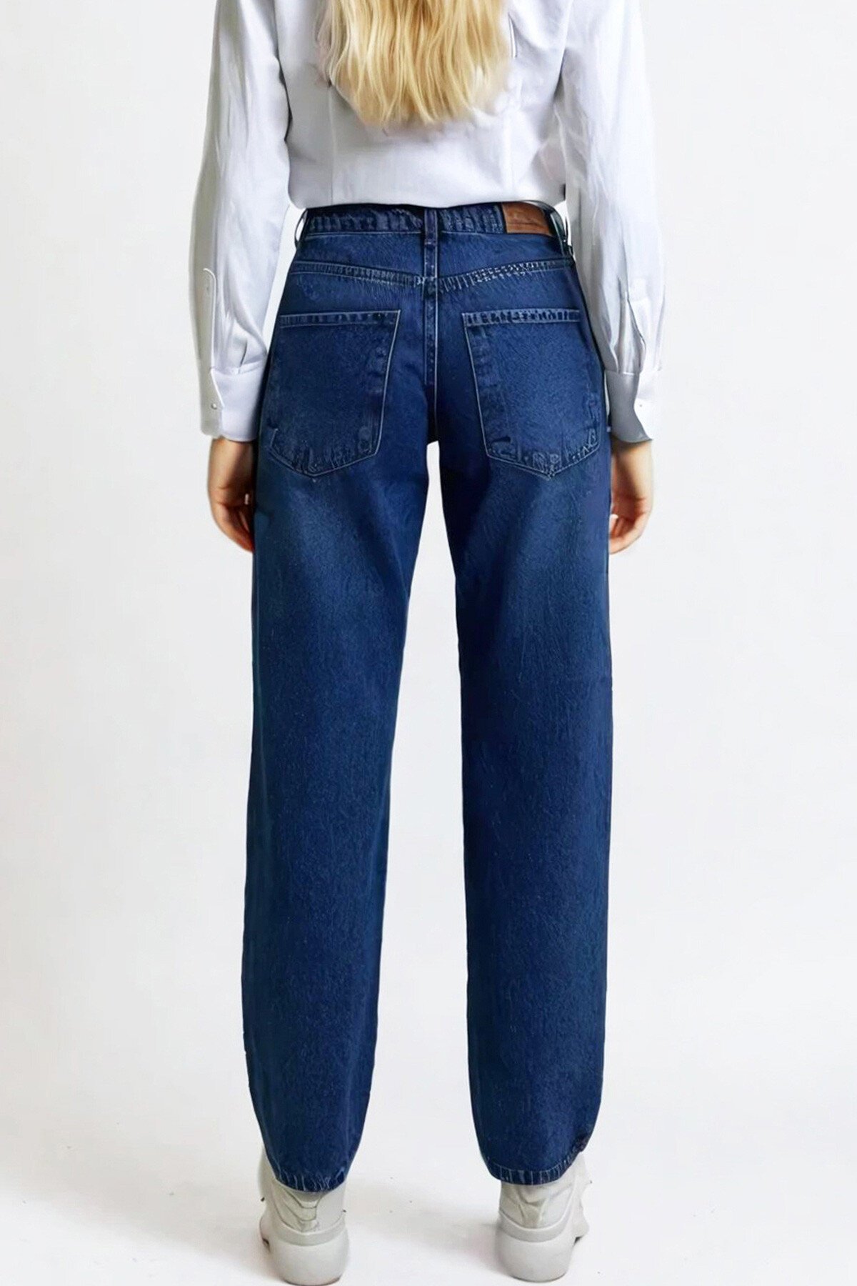 Koyu Mavi Yüksek Bel Yıkamalı Palazzo Jean Pantolon