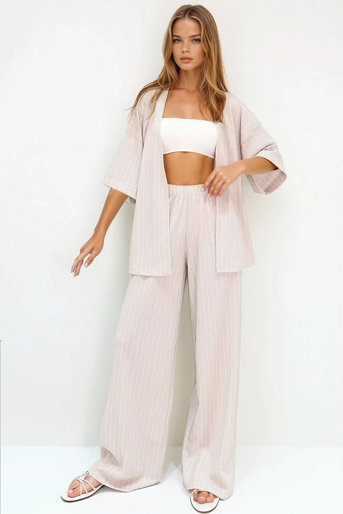 Krem Çizgili Duble Kol Bürümcük Kumaş Yazlık Kimono Ve Pantolon Takım