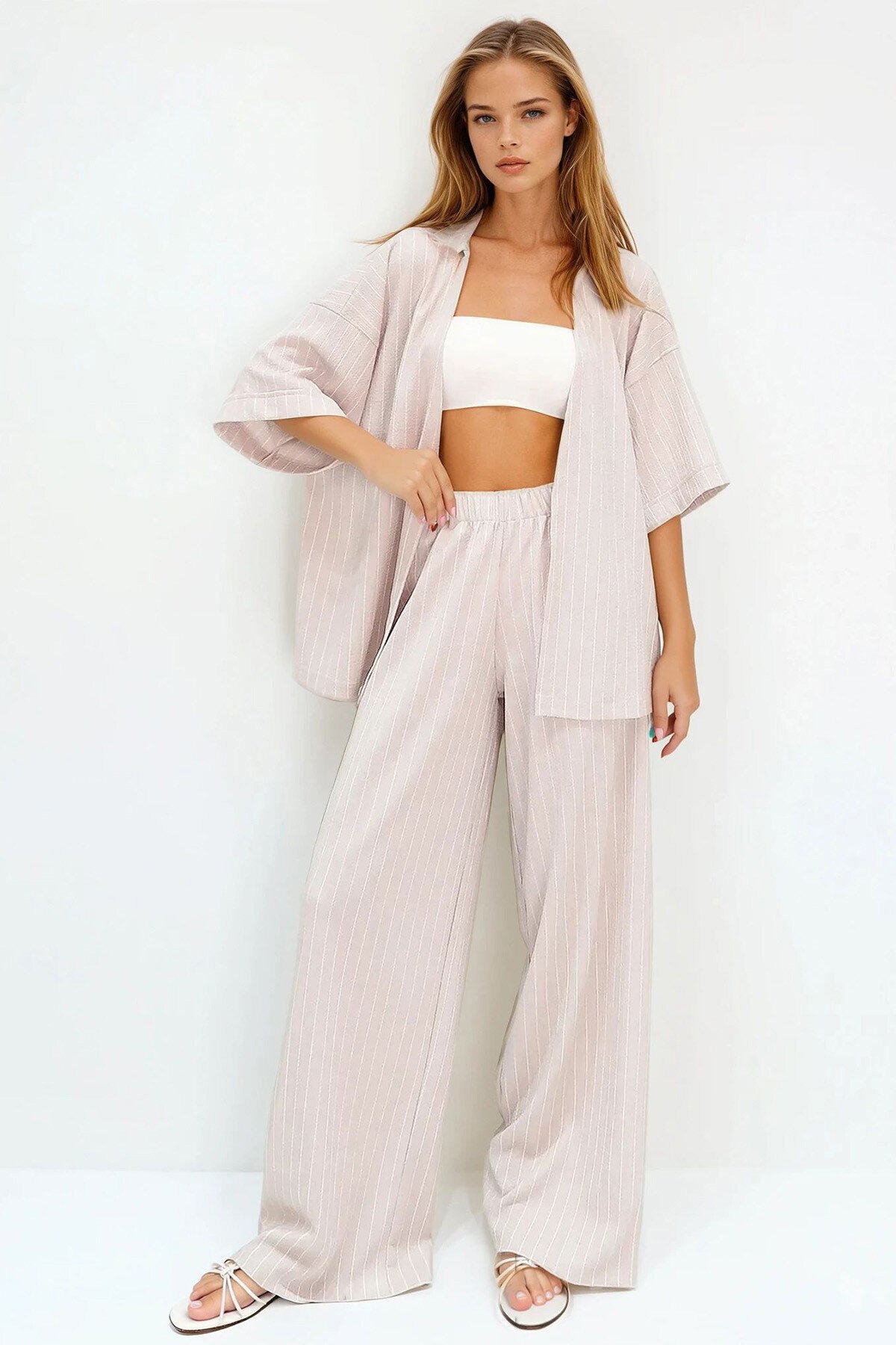 Krem Çizgili Duble Kol Bürümcük Kumaş Yazlık Kimono Ve Pantolon Takım