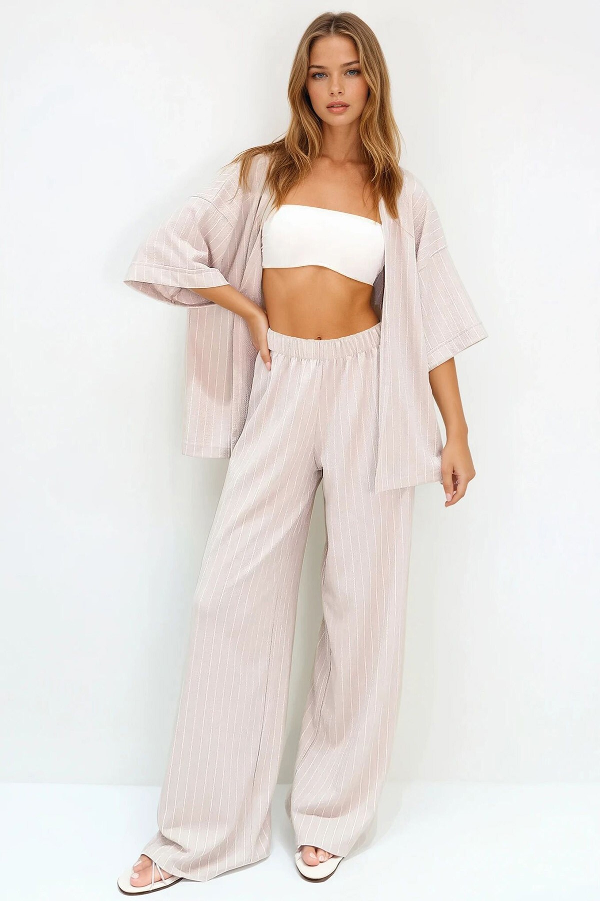 Krem Çizgili Duble Kol Bürümcük Kumaş Yazlık Kimono Ve Pantolon Takım