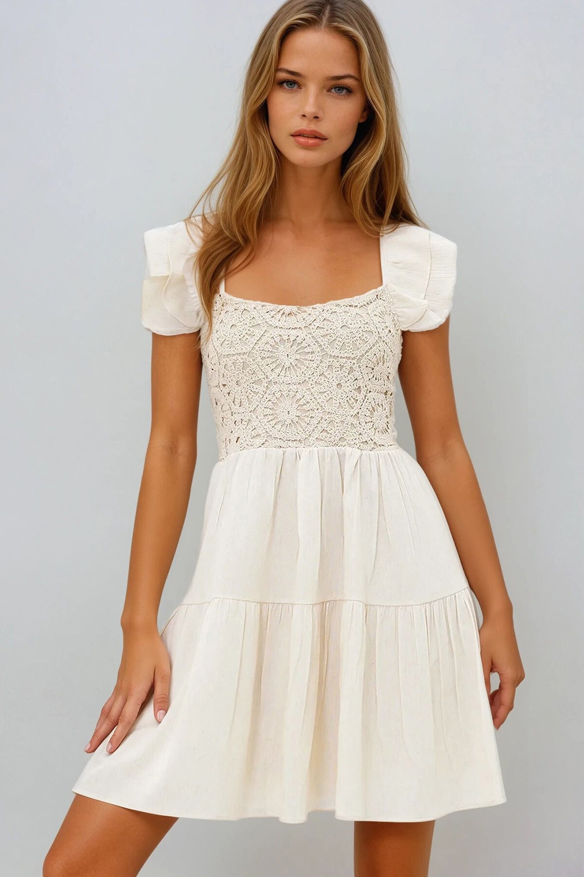 Krem Fırfır Detaylı Robası Dantel Eteği Volanlı Astarlı  Keten Mini Elbise