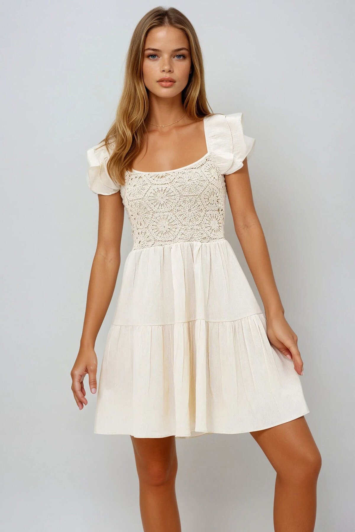 Krem Fırfır Detaylı Robası Dantel Eteği Volanlı Astarlı  Keten Mini Elbise