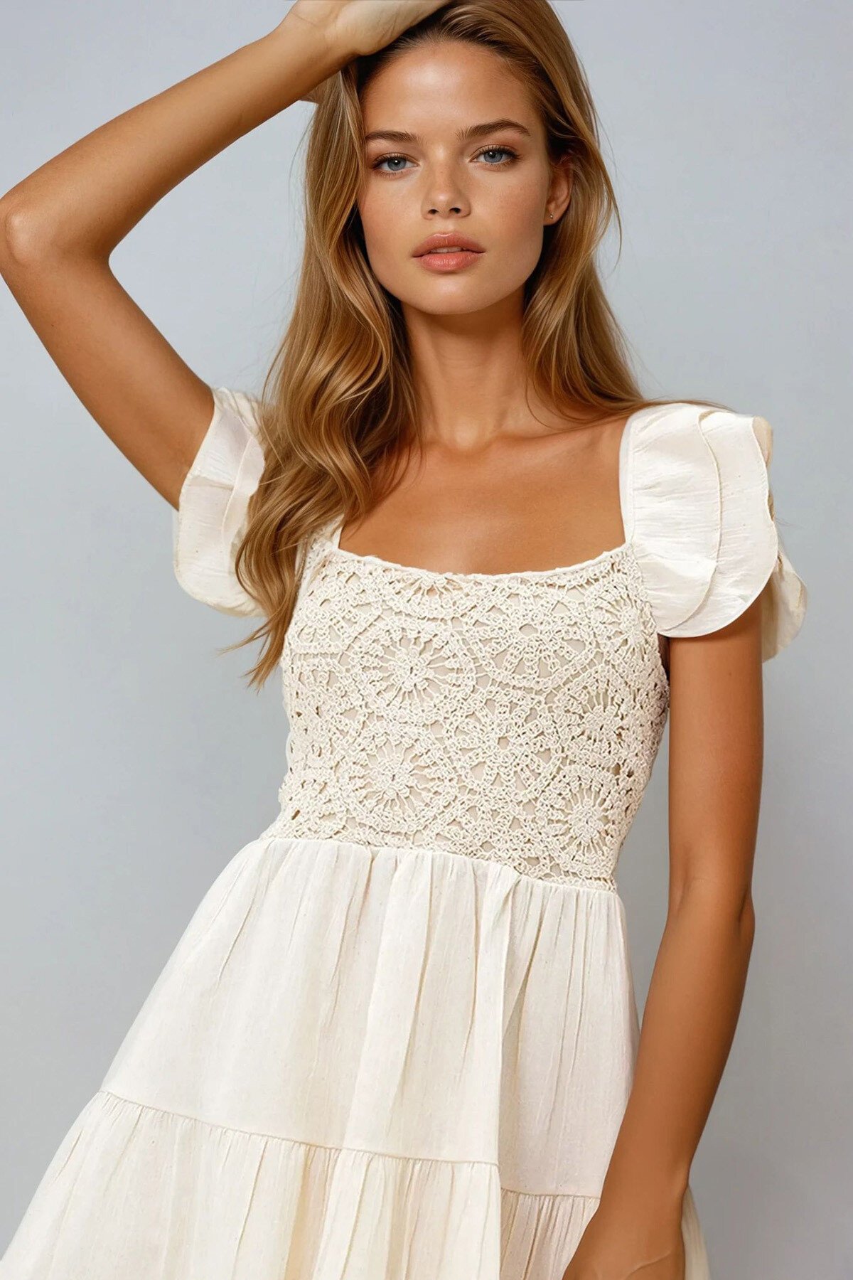 Krem Fırfır Detaylı Robası Dantel Eteği Volanlı Astarlı  Keten Mini Elbise