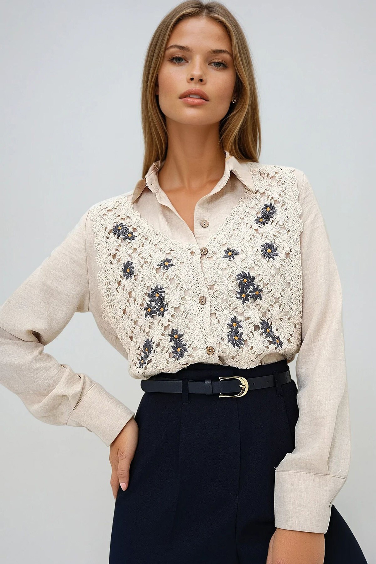 Krem Nakış İşlemeli Keten Premıum Gömlek