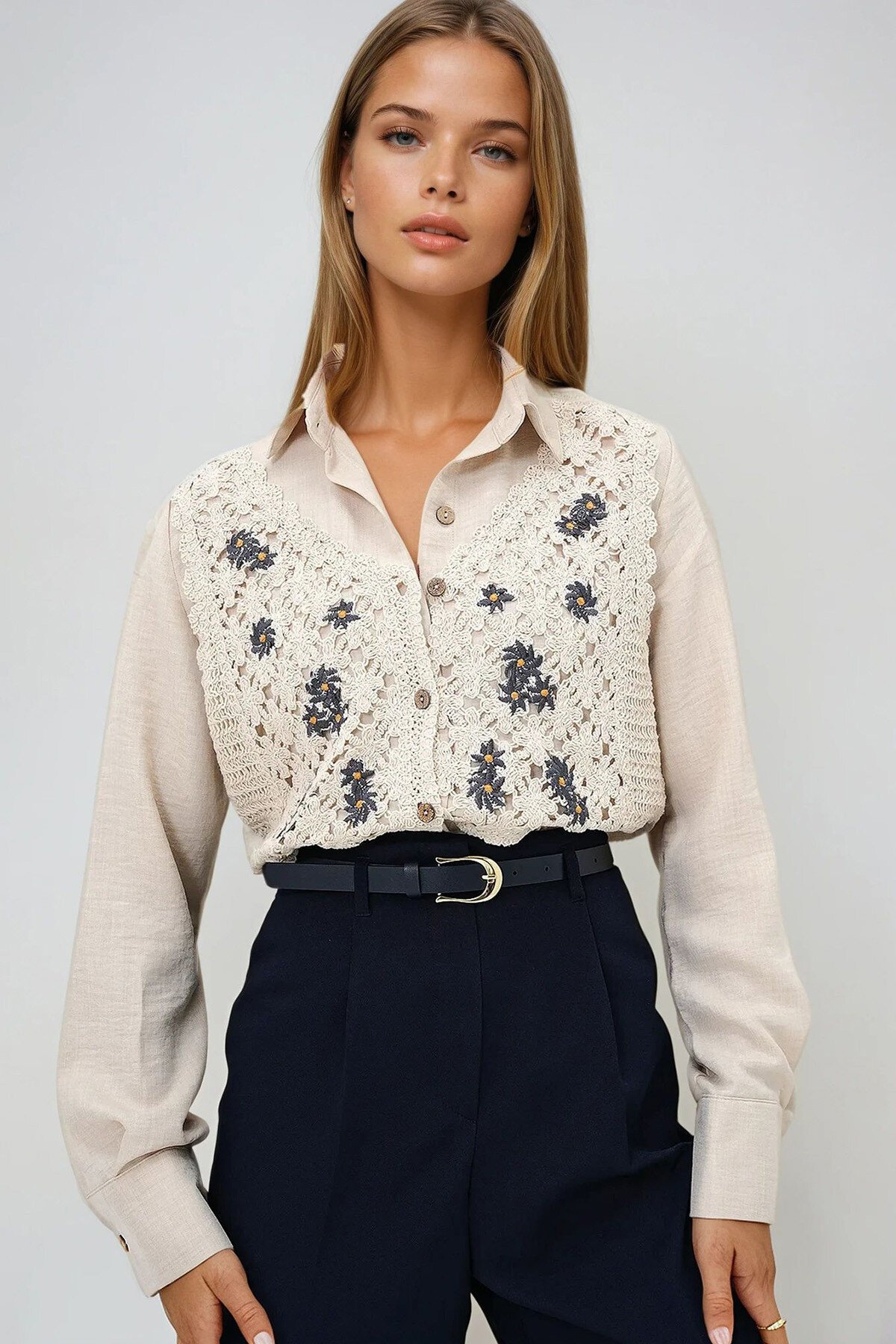 Krem Nakış İşlemeli Keten Premıum Gömlek