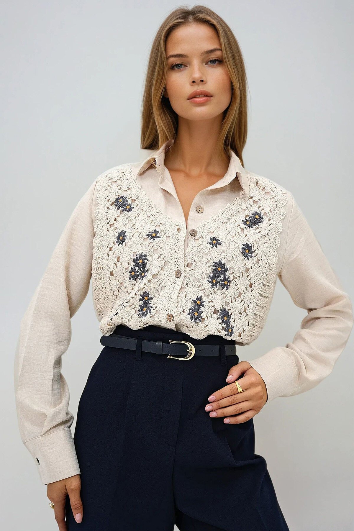 Krem Nakış İşlemeli Keten Premıum Gömlek