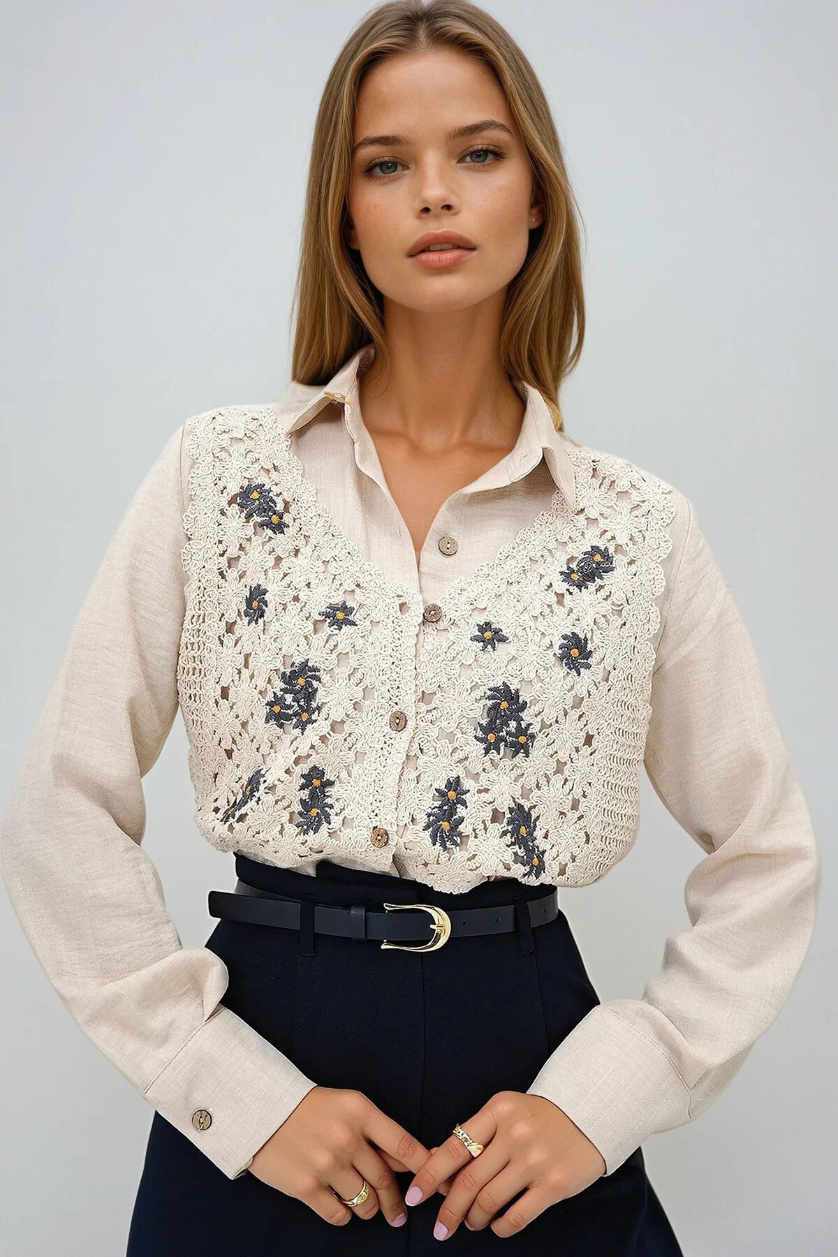 Krem Nakış İşlemeli Keten Premıum Gömlek