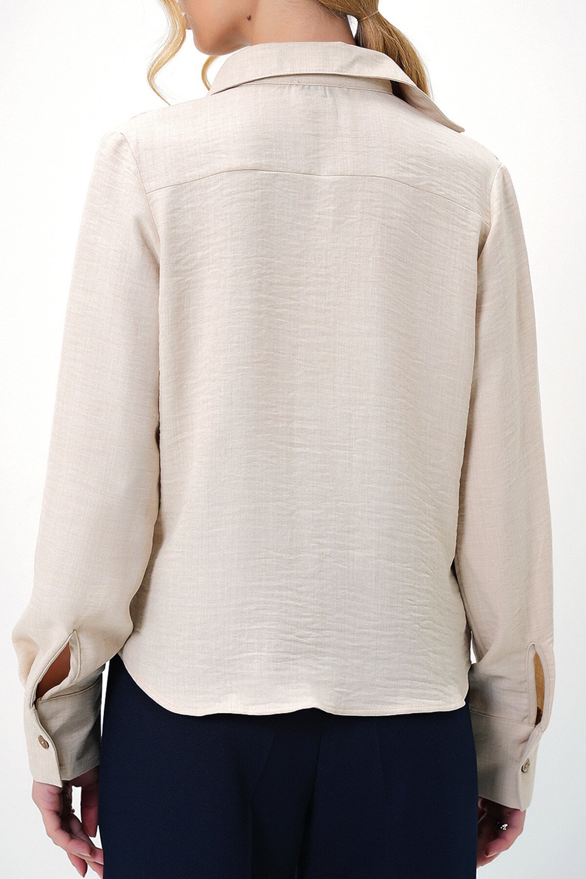 Krem Nakış İşlemeli Keten Premıum Gömlek