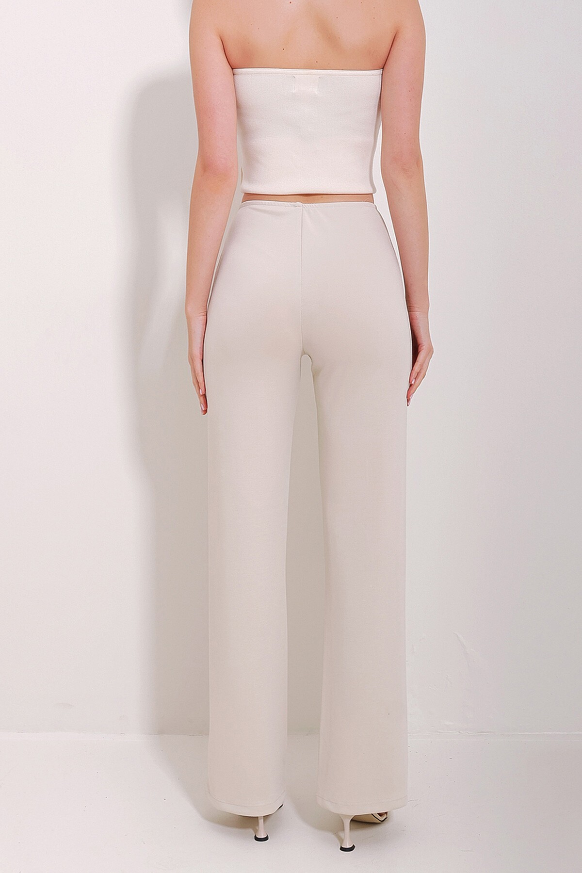 Krem Önü Dikişli Likralı Modal Palazzo Pantolon