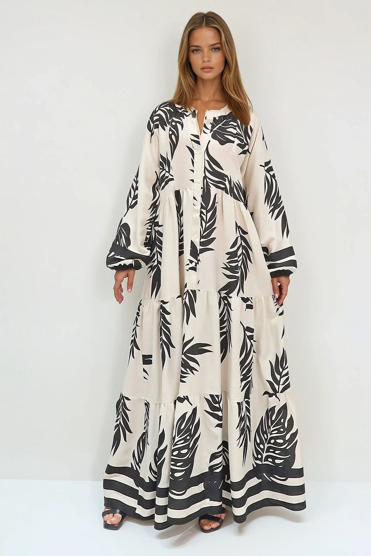 Krem Siyah Hakim Yaka Şal Desenli Maxi Boy Elbise