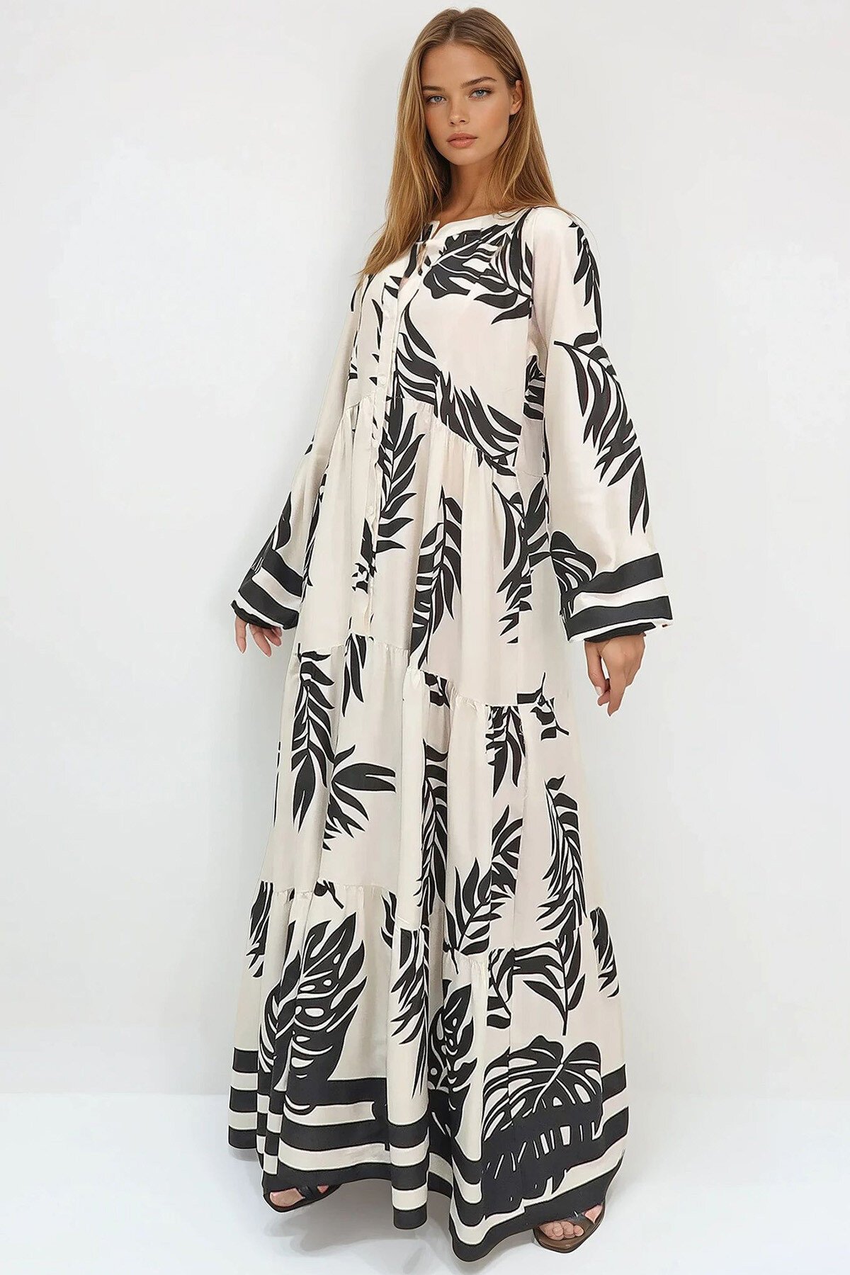 Krem Siyah Hakim Yaka Şal Desenli Maxi Boy Elbise