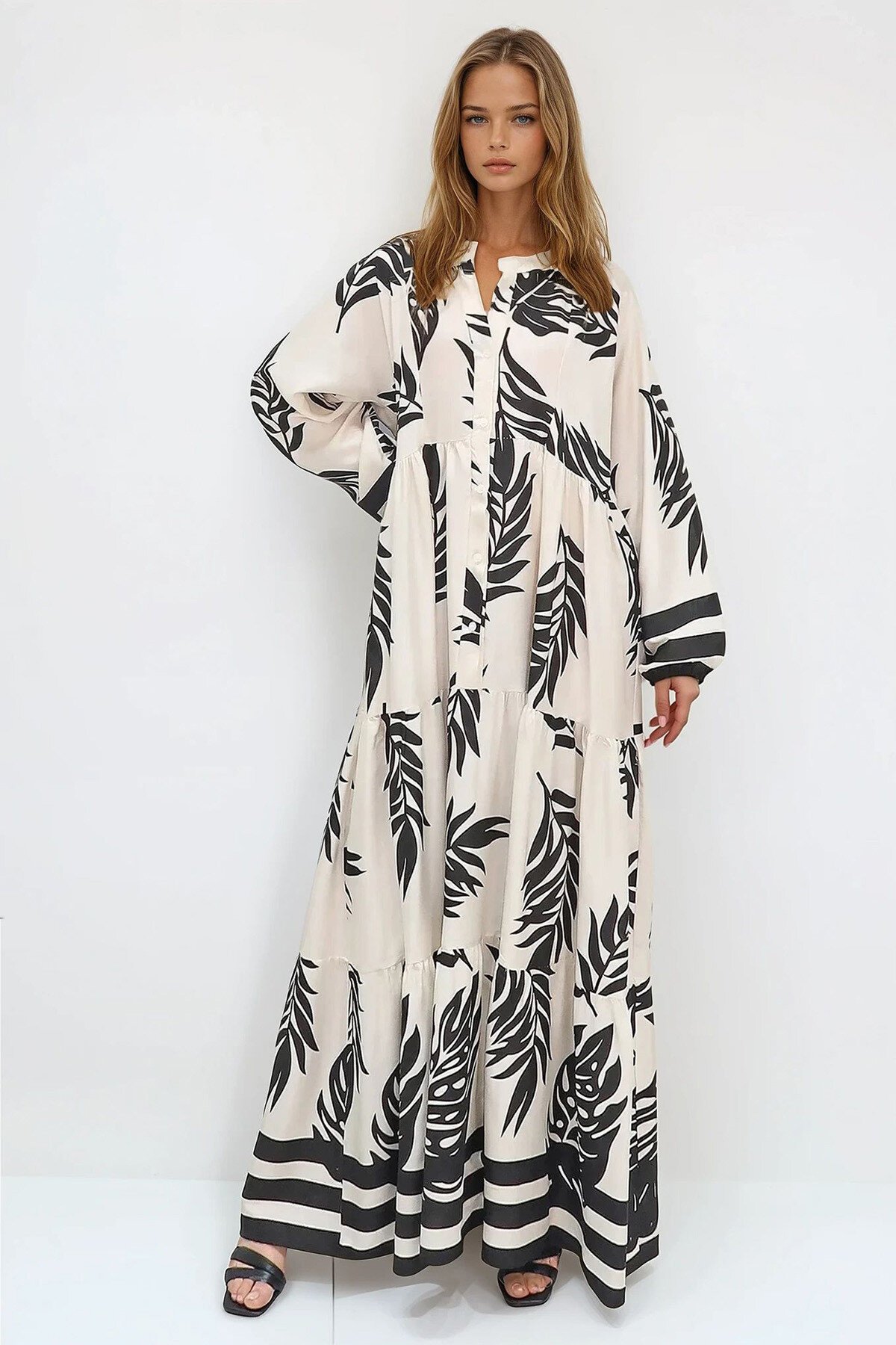 Krem Siyah Hakim Yaka Şal Desenli Maxi Boy Elbise