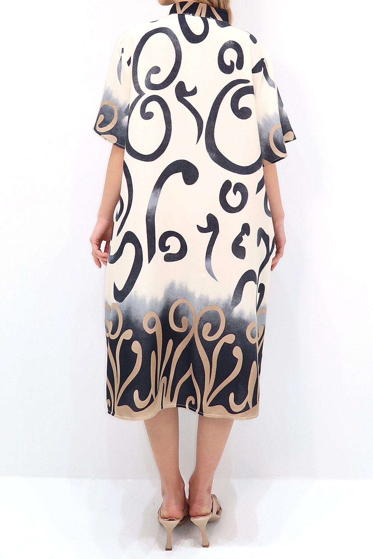 Krem Siyah V Yaka Çift Cepli Midi Boy Dokuma Salaş Elbise