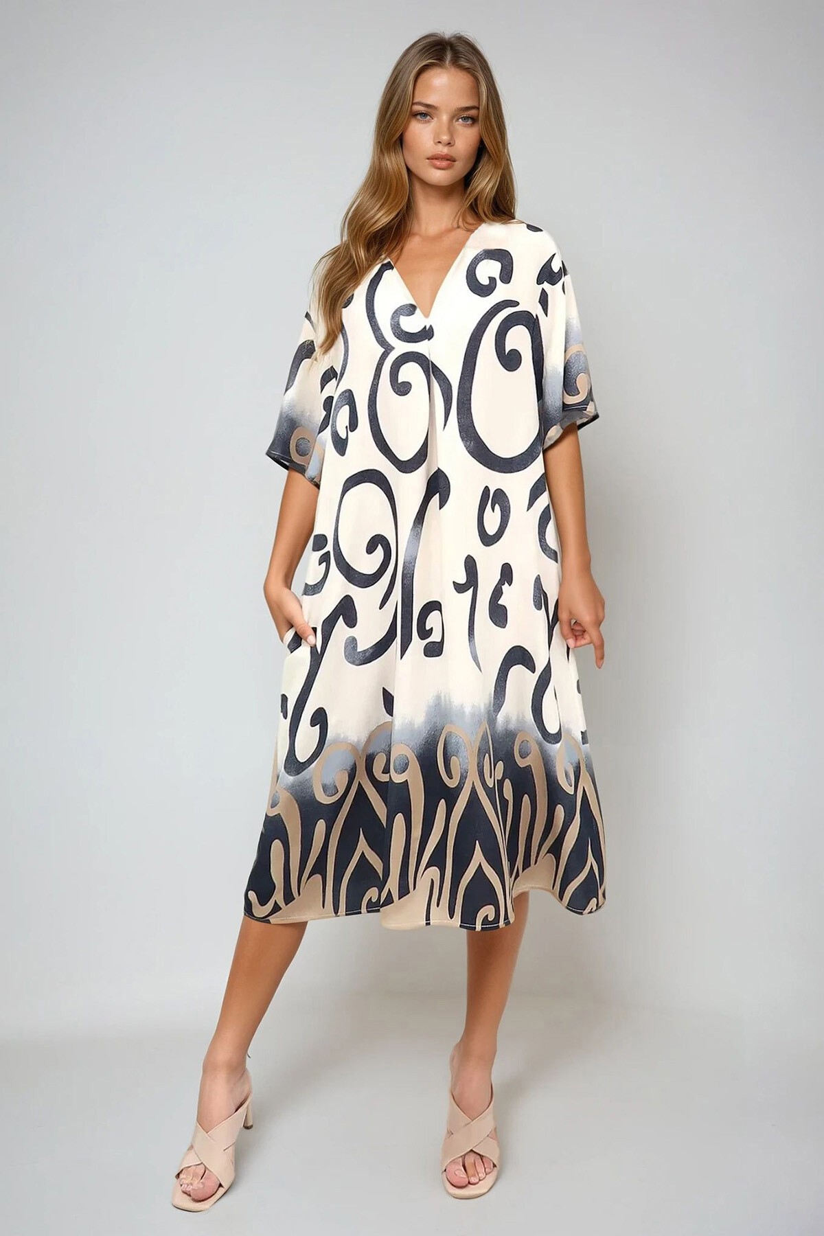 Krem Siyah V Yaka Çift Cepli Midi Boy Dokuma Salaş Elbise