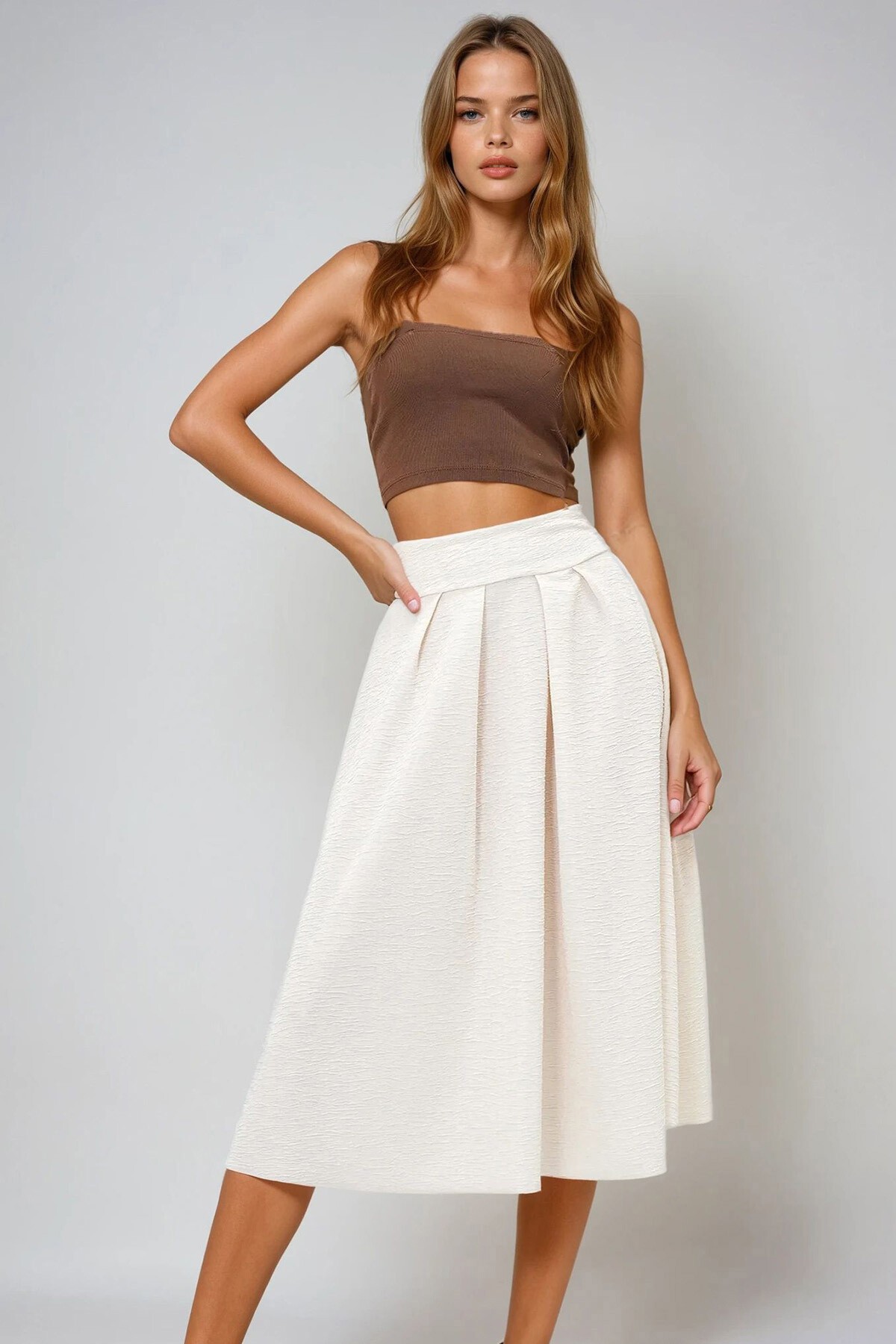 Krem Yüksek Bel Geniş Kemerli Gizli Fermuarlı Midi Boy Dokulu Etek