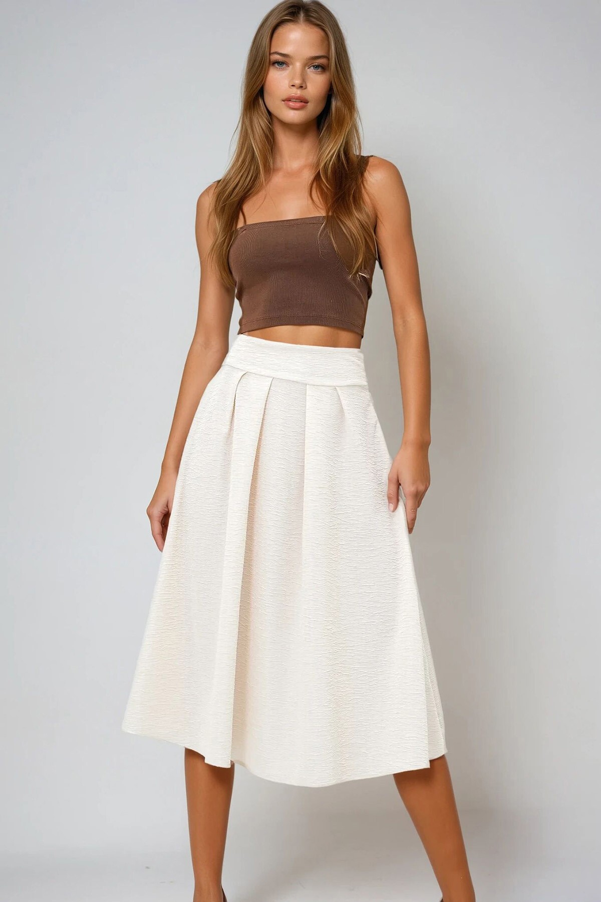 Krem Yüksek Bel Geniş Kemerli Gizli Fermuarlı Midi Boy Dokulu Etek