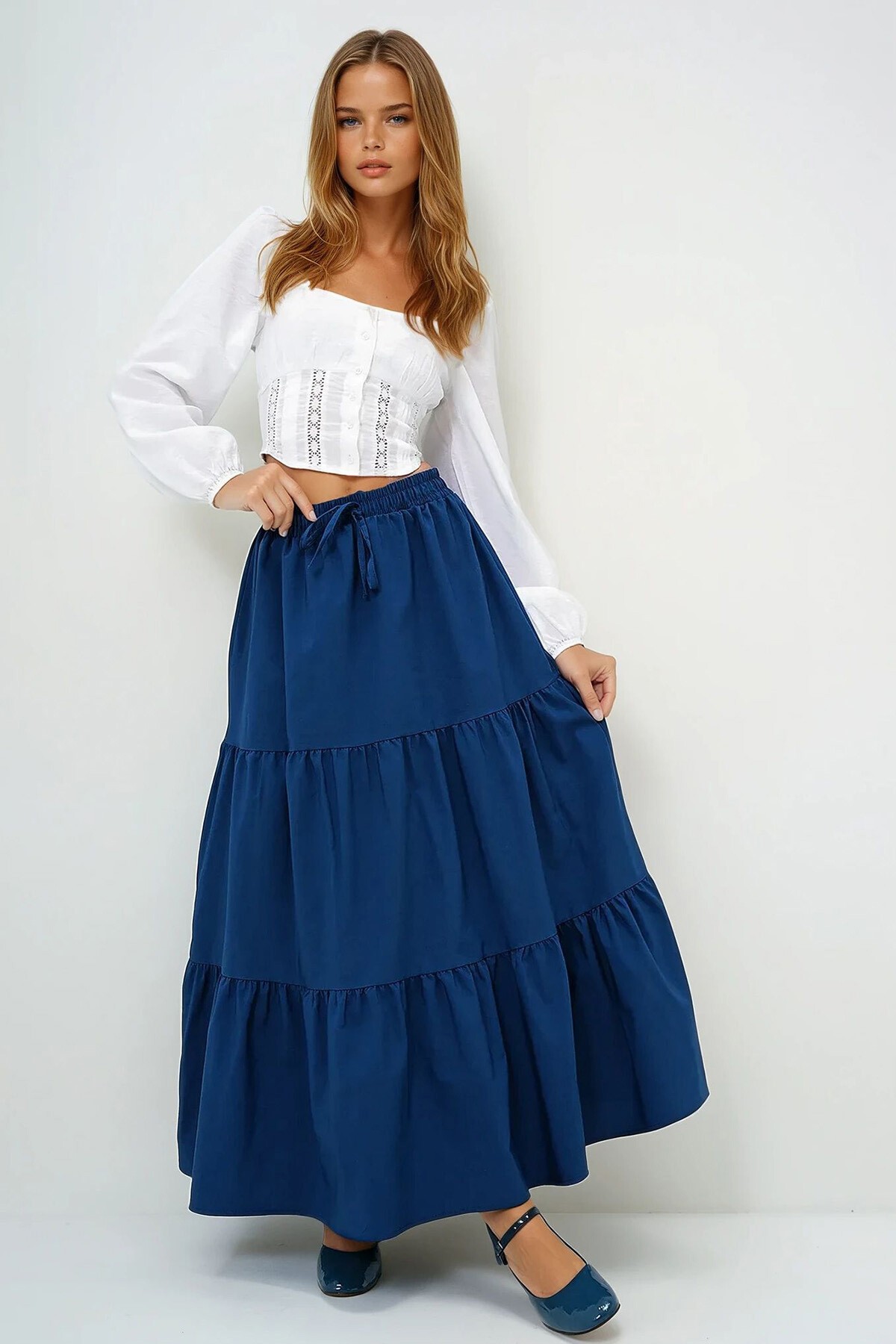 Lacivert Astarlı Kat Kat Volanlı  Beli Lastikli Poplin Dokuma Etek