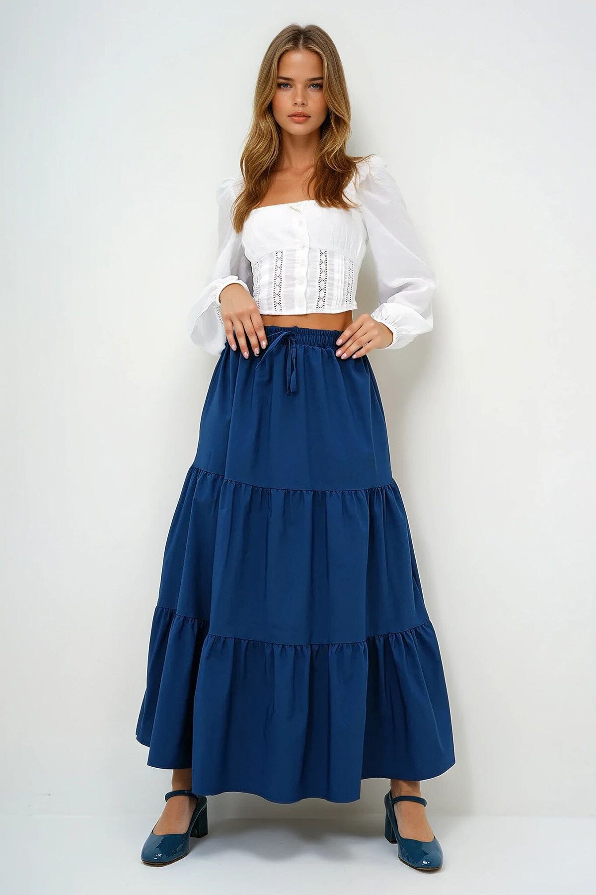 Lacivert Astarlı Kat Kat Volanlı  Beli Lastikli Poplin Dokuma Etek