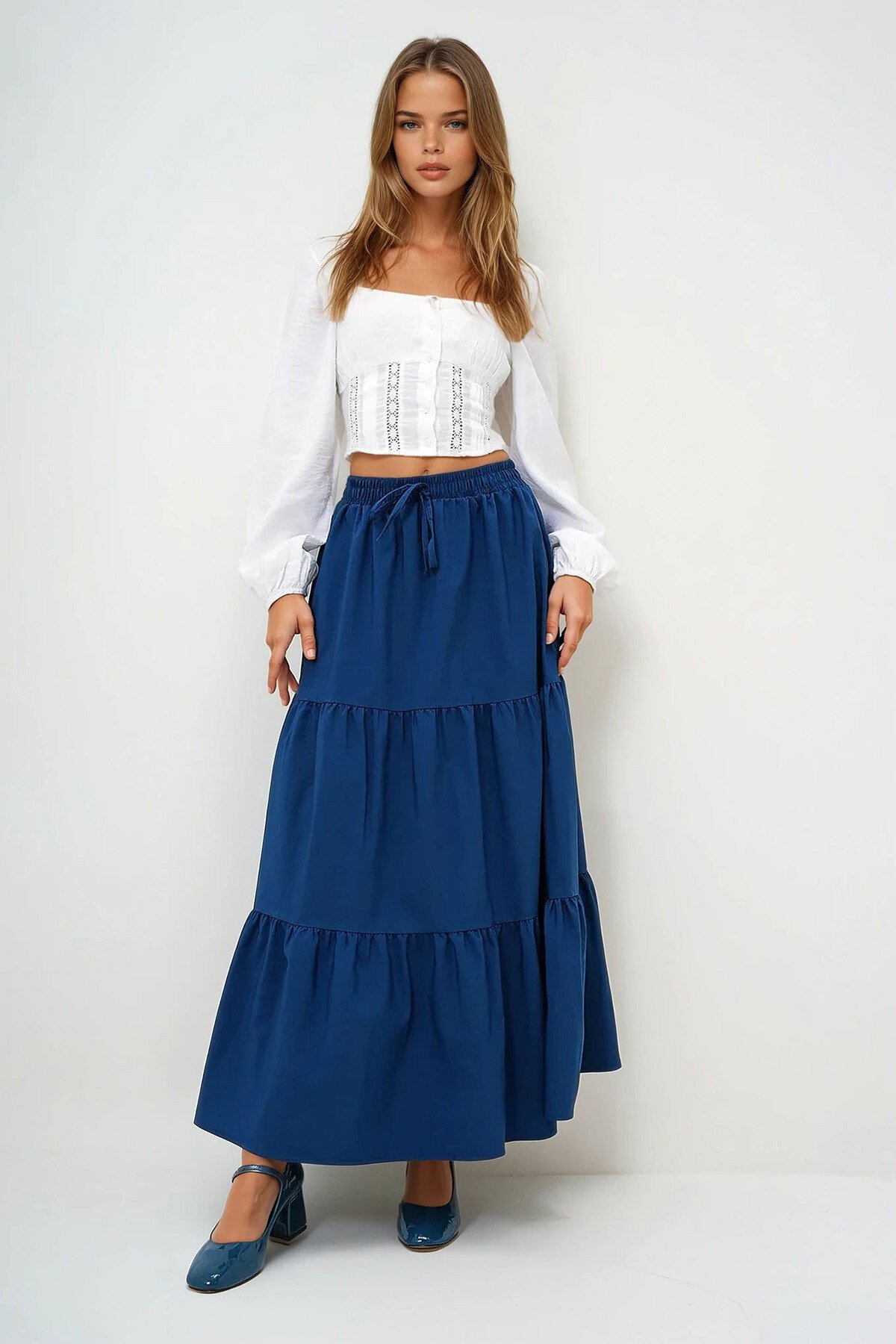Lacivert Astarlı Kat Kat Volanlı  Beli Lastikli Poplin Dokuma Etek