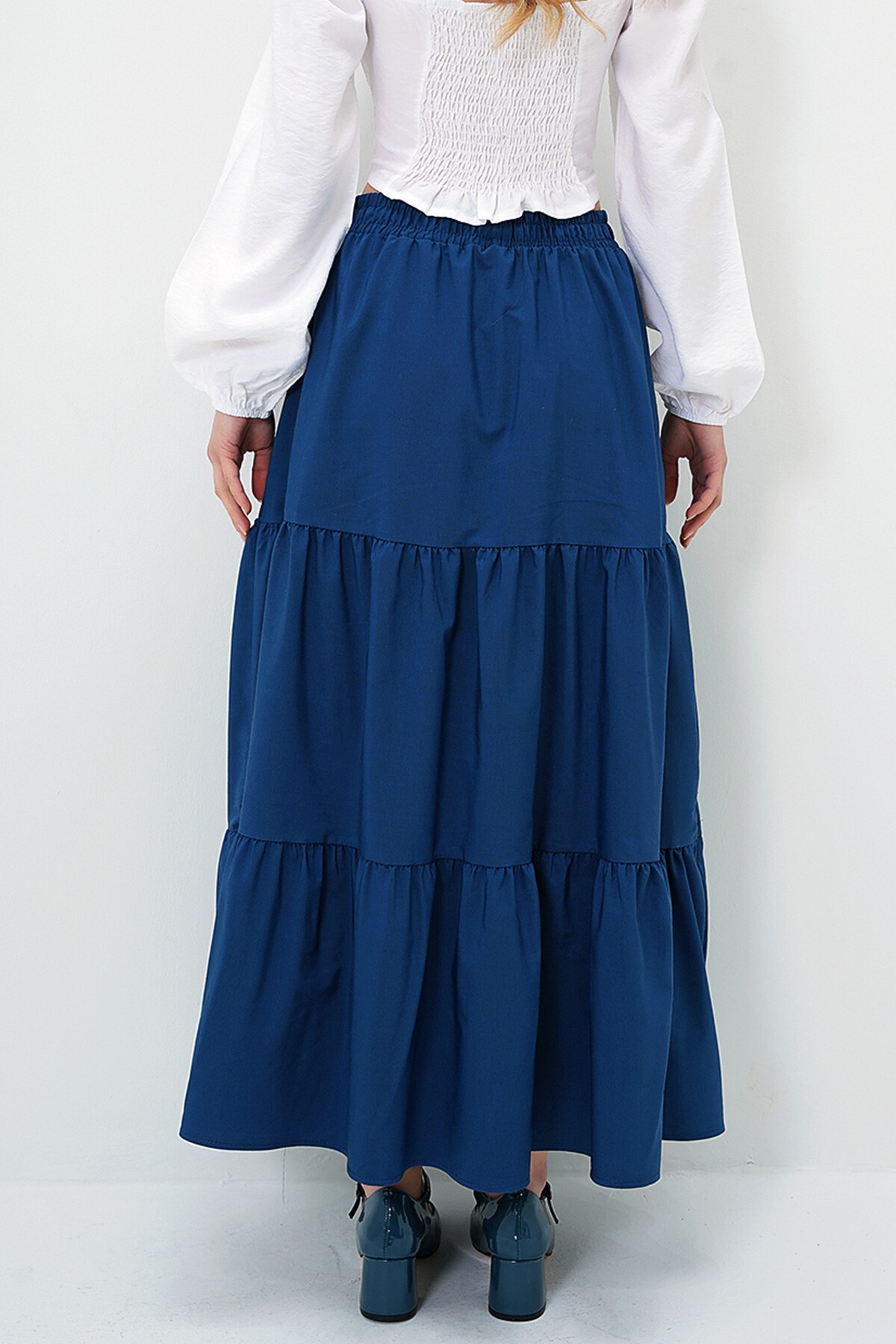 Lacivert Astarlı Kat Kat Volanlı  Beli Lastikli Poplin Dokuma Etek